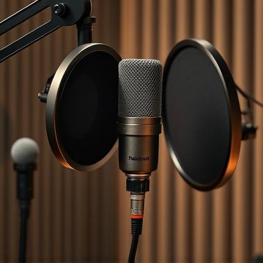 A professional Neumann U87 microphone positioned in front of a pop filter within a recording booth, showcasing a classic setup for vocal recording.