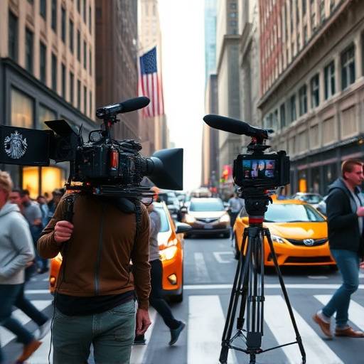 A scene from a video shoot, depicting a film crew capturing footage on a bustling New York street.