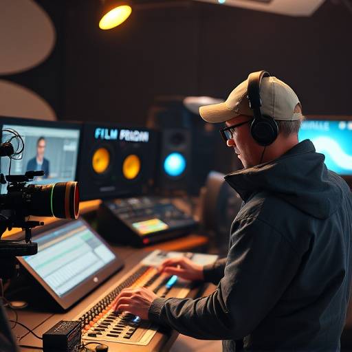 An audio engineer working in a post-production suite, using digital audio workstations and specialized equipment to edit and mix sound for film.
