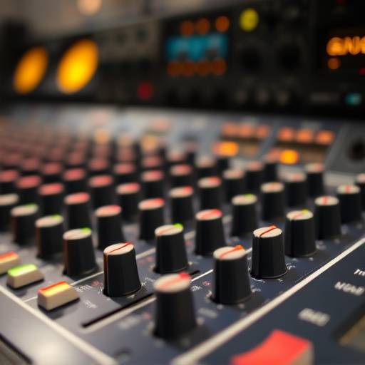 Close-up shot of a large format analog mixing console with numerous knobs, faders, and VU meters, highlighting the detailed and intricate nature of audio mixing.