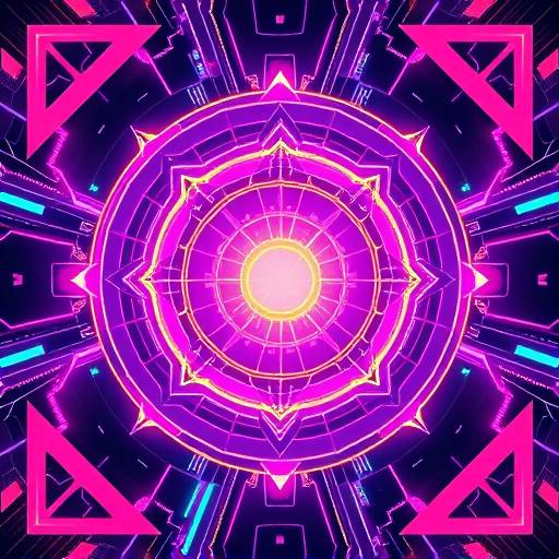 Electronic music album cover with vibrant geometric patterns and futuristic elements.