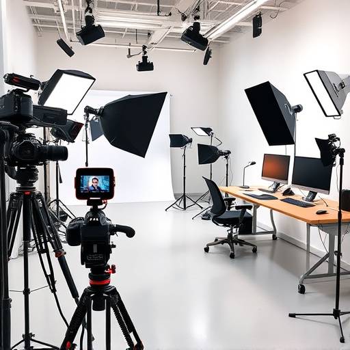 Professional photography and video equipment, including cameras, lighting, and editing workstations in our studio.